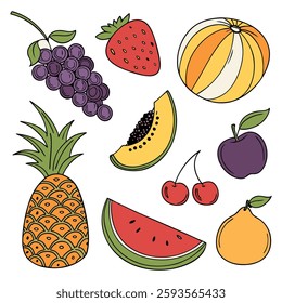 Fruits and berries icon set, apple, avocado, banana, berry, blueberry, cherry,coconut, diet, drawn, etc.