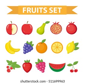 Symbol für Obst und Beeren. Fruchtsymbole, einzeln auf weißem Hintergrund. Apfel, Orange, Birne, Erdbeeren, Trauben, Wassermelonen, Zitronen, Granatapfelsbeere, Schwarzbeere, Johannisbeeren, Kirsche.  Vektorgrafik.