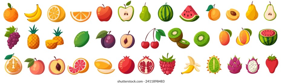 Fruits and berries icon set. Strawberry, peach, apple, raspberry, pear, banana, orange