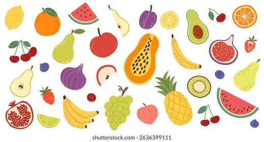 Fruits and berries icon set. Strawberry, peach, apple, raspberry, pear, banana, orange