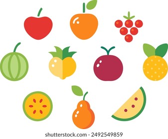 Fruits and berries icons collection. Vector illustration of cartoon fruits and berries, such as apple, pear, strawberry, orange, peach, plum, banana, pineapple, grapes, kiwi, mango. Isolated on white.