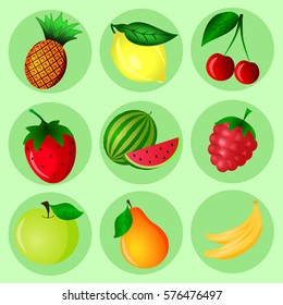 Fruits and berries icons or objects set. Vector illustration on green background
