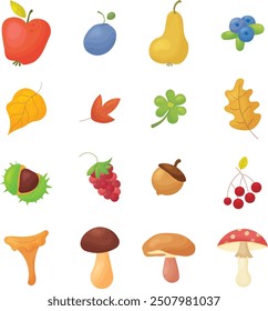 Fruits and berries icons set. Cartoon illustration of 16 fruits and berries vector icons for web