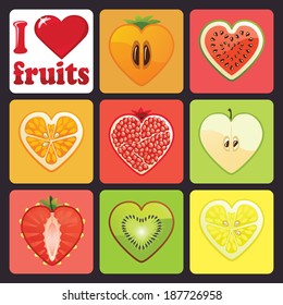 Fruits and berries icons set.Cut of different  fruits and berries in the shape of a heart.Vivid icons for mobile phone,tablet PC Fantastic, unusual and abstract form.Vector