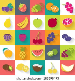 Fruits and berries icons set - flat style.