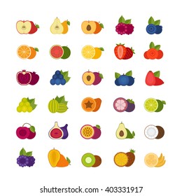 Fruits and berries icons set. Flat style, vector illustration.