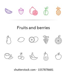 Fruits and berries icons. Set of line icons on white background. Watermelon, peach, strawberry. Healthy eating concept. Vector illustration can be used for topics like food, dieting, vegetarian eating