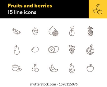 Fruits and berries icons. Set of line icons on white background. Watermelon, peach, strawberry. Healthy eating concept. Vector illustration can be used for topics like food, dieting, vegetarian eating