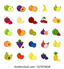 Fruits and berries Icons set on flat style at White Background. Slices of fruit. Healthy Food.