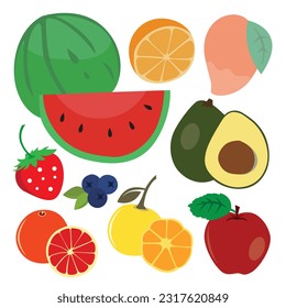 Fruits and berries icons set. Vector illustration in flat style