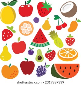 Fruits and berries icons set. Vector illustration in flat style.