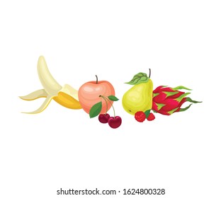 Fruits and Berries Isolated on White Background Vector Illustration. Food for Good Brain Function