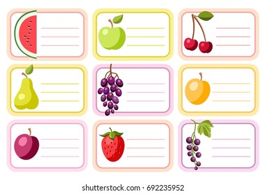 Fruits, berries, labels, color, vector. Color-coded labels for canning. Fruits and berries on a white background with frame.  