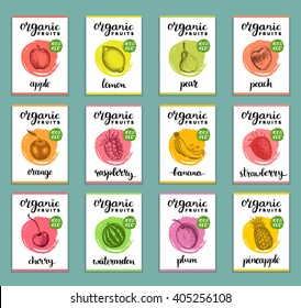 Fruits and berries labels. Hand drawn healthy, organic food and drink cards set. Farm eco products tags collection. Illustrations of Peach, Strawberry, Banana, Pear, Pineapple, Raspberry, Cherry etc.