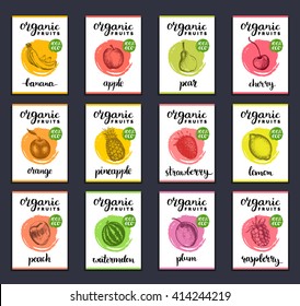 Fruits and berries labels. Hand drawn healthy, organic food and drink cards set. Farm eco products tags collection. Illustrations of Peach, Strawberry, Banana, Pear, Pineapple, Raspberry, Cherry. 