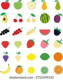 Fruits and berries, a large set of tropical fruits and berries. Banana, orange, lemon, apple, raspberry. Vector, cartoon illustration, poster, postcard. Vector image.