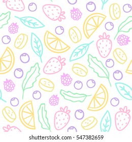 Fruits, berries, leafs outline. Vector hand drawn seamless pattern