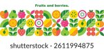 Fruits, berries and leaves.Abstract geometric banner design.Set of vector icons in simple flat style.Seamless pattern.Elements isolated on a white background. 