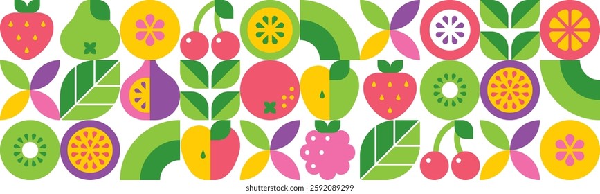 Fruits, berries and leaves.Abstract geometric design.Set of vector icons in simple flat style.Seamless pattern.Elements isolated on a white background. 