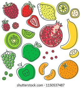 Fruits and berries. Lemon, kiwi, banana, strawberry, raspberry, grapes, apple, pomegranate, mandarin. Hand drawn doodle sketch. Vegetarian, vegan vector menu. Healthy food