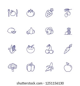 Fruits and berries line icon set. Cherry, banana, apple, lemon. Grocery concept. Vector illustration can be used for topics like grocery, green market, healthy eating