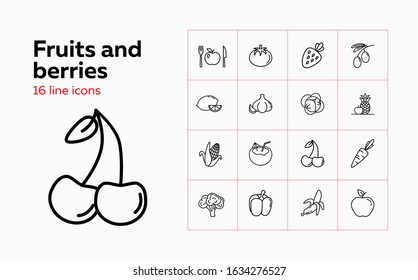 Fruits and berries line icon set. Cherry, banana, apple, lemon. Grocery concept. Vector illustration can be used for topics like grocery, green market, healthy eating