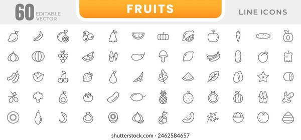 Fruits and berries line icons collection. Orange banana melon apple, blueberry, pineapple pomelo, kiwi peach, fig kiwi fresh fruits icon pack. Thin outline icons.