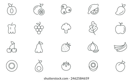 Iconos de línea de frutas y bayas colección. Naranja plátano melón manzana, arándano, piña pomelo, kiwi melocotón, higo kiwi frutas frescas icono paquete. Iconos de contorno fino.