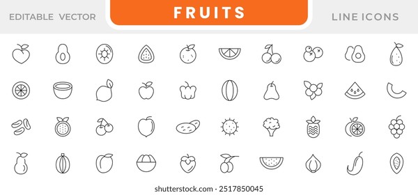 Fruits and berries line icons collection. Orange, banana, melon, apple, blueberry, pineapple, pomelo, kiwi peach, fig kiwi fresh fruits icon pack. Thin outline icons