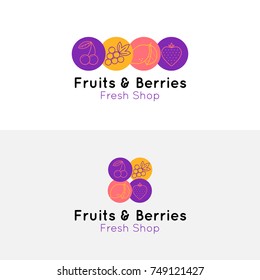 Fruits and berries line style logo for shop and cafe. Vector emblem