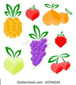 Fruits, berries made of heart shapes isolated on white