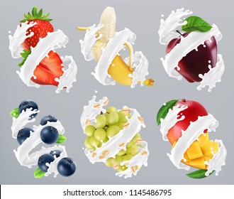 Fruits and berries in milk splash, yogurt. Strawberry, banana, apple, blueberry, grapes, mango. 3d realistic vector