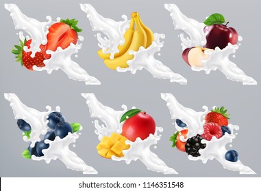 Fruits and berries in milk splash, yogurt. Strawberry, banana, apple, blueberry, mango. 3d realistic vector