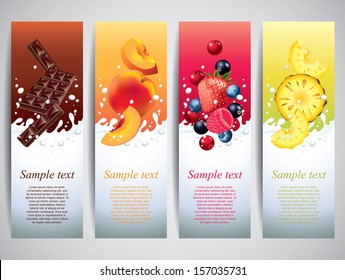 Fruits and berries in milk splashes vector banners