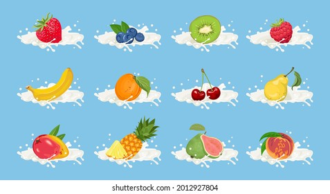 Fruits and berries in milk or yoghurt splash isolated. Vector cartoon flat illustration of strawberry, blueberry, kiwi, raspberry, banana, apricot, cherry, pear, mango, pineapple, guava and peach. Set