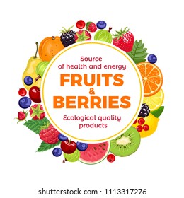 Früchte und Beeren vermischen sich rund. Vektorgrafik im Flachstil. Vorlage für Banner, Werbung, Web, Druck, Karte, Restaurant, Menü, Emblem, Aufkleber, Plakat.