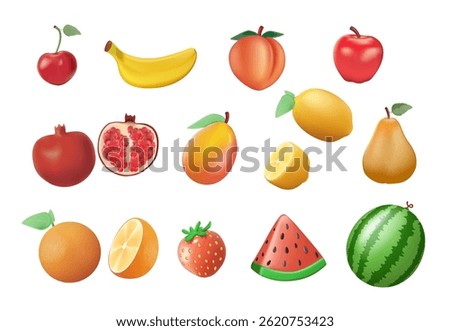 Fruits or berries modern cartoon vector illustration set. Sliced lemon orange apple pear, watermelon peach, mango fig, orange fruits, mango banana pomegranate, cherry and other. Juicy strawberry