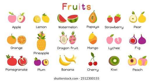 Frutas o bayas con nombres de dibujos animados para niños. Rebanadas de limón naranja manzana pera sandía melocotón papaya piña dragón fruta kiwi mango plátano granada. Fresa ciruela cereza Vector bebé dibujado