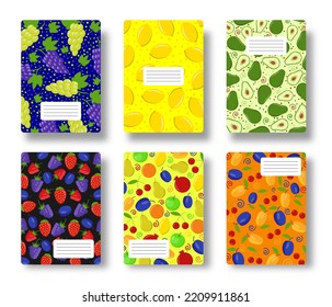 Fruits berries notebook cover set. fruit berry pattern template with copy space for annual notepad, brochure, copybook, diary. Healthy food flat fresh print for magazine covers, booklet journal cards