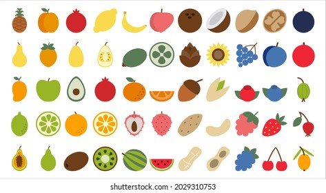 Fruits, berries and nuts set. Organic food full of vitamins. Fresh healthy and juicy nutrition. Ripe banana, apple, orange, grape and watermelon. Vector illustration in cartoon style