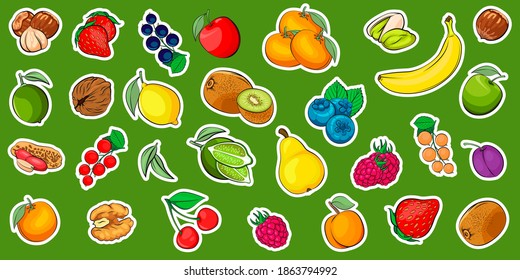 Fruits and berries and nuts vector sticker pack. Fruits isolated. Strawberry, raspberry, blackberry, cherry, apple, pear, banana, orange, lemon, lime, plum, nuts. Stickers with contour vector artwork.