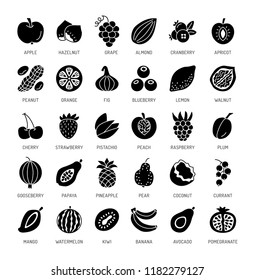 Fruits, berries & nuts. Vegan & vegetarian food. Healthy eating & loss weight diet ingredients. Vector flat icon collection. Isolated objects on white background. 