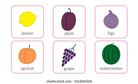 Fruits and berries, objects icons set, isolated on white background. Summer fresh food. Juicy tasty healthy dessert. Vitamin organic products nutrition. Symbol of health, diet. Vector illustration
