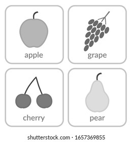 Fruits and berries, objects icons set, isolated on white background. Summer fresh food. Juicy tasty healthy dessert. Vitamin organic products nutrition. Symbol of health, diet Vector illustration