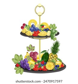 Fruits and berries on a two-tier dessert stand, pineapple, bananas, mango, avocado, grapes, strawberries, blueberries, raspberries, cherries on a white background. Vector dessert illustration .