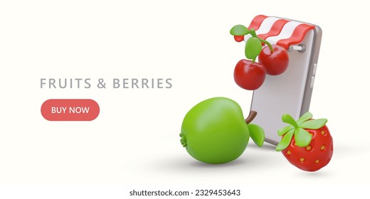 Fruits and berries in online store. Shop phone application. Advertising poster for social networks. Building with striped canopy, cherries, apples, strawberries. Place for text
