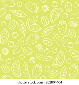 Fruits and berries outline green seamless pattern
