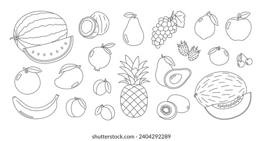 Fruits and berries outline set. Natural tropical fruits coloring page. Organic, vegetarian food. Healthy nutrition. Coloring book for print. Vector illustration isolated on white background