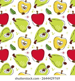 Fruits and berries pattern featuring apples and pears. 50s retro style illustrations with decorative stars and leaves. Bold colors like red, green, and yellow against a transparent background.