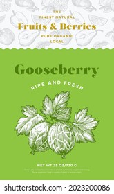 Fruits and Berries Pattern Label Template. Abstract Vector Packaging Design Layout. Modern Typography Banner with Hand Drawn Gooseberry Sketch Silhouette Background. Isolated.